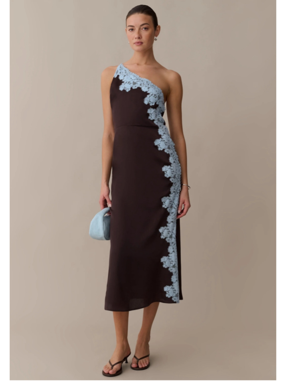 Women's One Shoulder Lace Trim Midi Dress Brown Light Blue Size 10